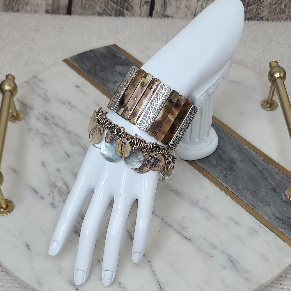 Vintage Boho Capisce Shell/Abalone Shell/Silver Tone Accents Stretch Bracelets